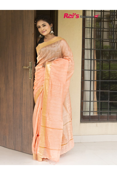 Premium Quality Silk Linen Saree With Fine Golden Zari Checks Design All Over (RAI209621)